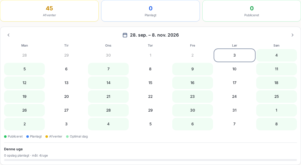 WebXtras administrationskalender til planlægning af sociale opslag